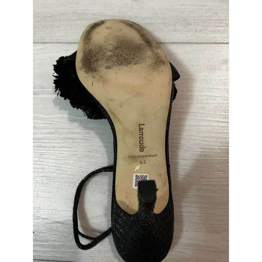 LARROUDE Marilyn Strappy Sandals Size 9.5 Black Raffia Leather‎ $330 Pom Poms